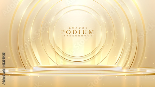 Podium and gold line circle frame elements with glitter light effects decorations. Luxury background. Vector illustration.