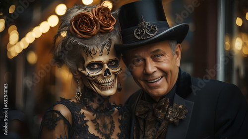 Portrait of senior couple in outfits during Halloween party