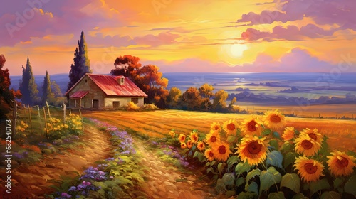 painting style illustration, sunflower field with sunset sky scenery, calm and peaceful, Generative Ai