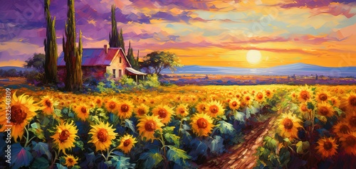 painting style illustration, sunflower field with sunset sky scenery, calm and peaceful, Generative Ai photo