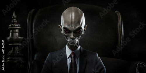 Alien in a white shirt, business suit looking at camera in the dark office. Generative AI
