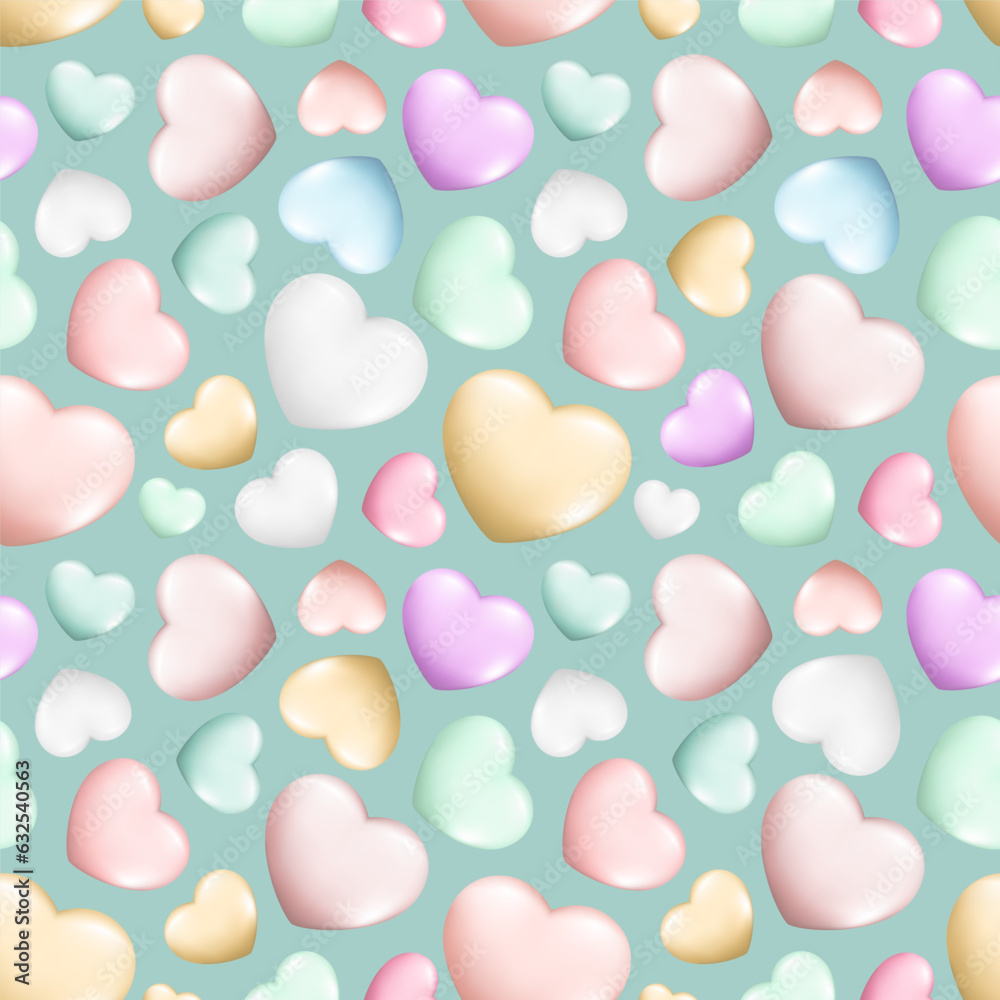 Seamless pattern of realistic 3d hearts. Decorative romantic icon love symbol. Valentines day collection of colorful hearts. Hand drawn vector illustration for wallpaper, wrapping paper, fabric