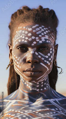 Portrait of young female from the Aboriginal culture in Australia. Woman face adorned with traditional paints against the backdrop of the vast Outback.