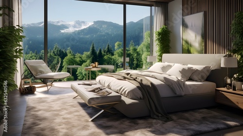 modern bedroom with a view to foresrts and mountains. generative AI illustration. © roei