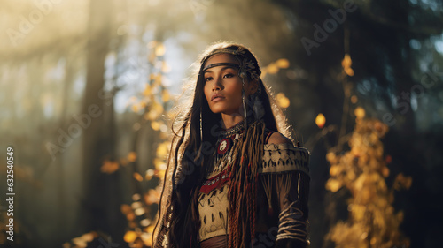 Portrait of an attractive young Native American woman with make up in traditional feather hat and clothes.