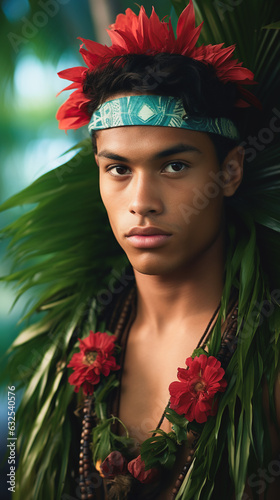 Portrait of a teenage male from the Yap culture in Micronesia. Man in traditional thuwa loincloth made from hibiscus fibers, contrasting with the turquoise lagoon. photo