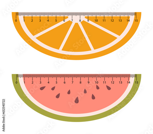 Vector set with measuring rulers in shape of fruits. Orange and watermelon slice school rules. Studying measuring tool with cute fruits.