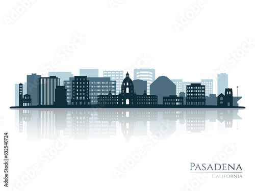 Pasadena skyline silhouette with reflection. Landscape Pasadena, California. Vector illustration.