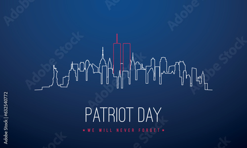 September 11 New York City Skyline banner. We will never forget. Patriot Day in blue background.