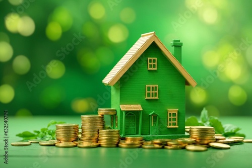 House model and coins on green bokeh background, financial concept