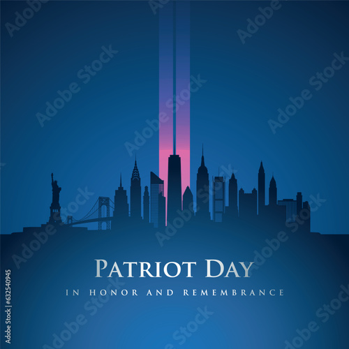 Patriot Day 911. Blue Background with New York City Silhouette. Glowing Pink beams in the form of twin towers. Stock vector illustration.