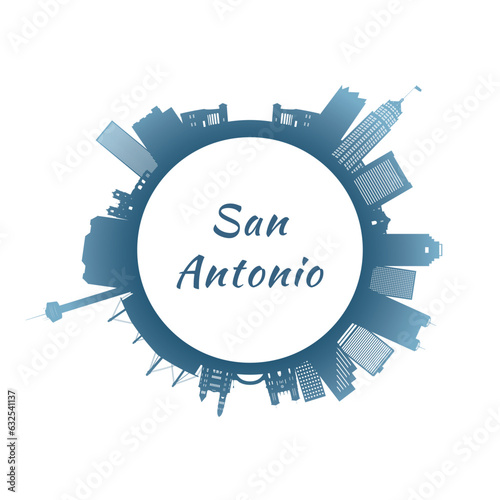 San Antonio skyline with colorful buildings. Circular style. Stock vector illustration.