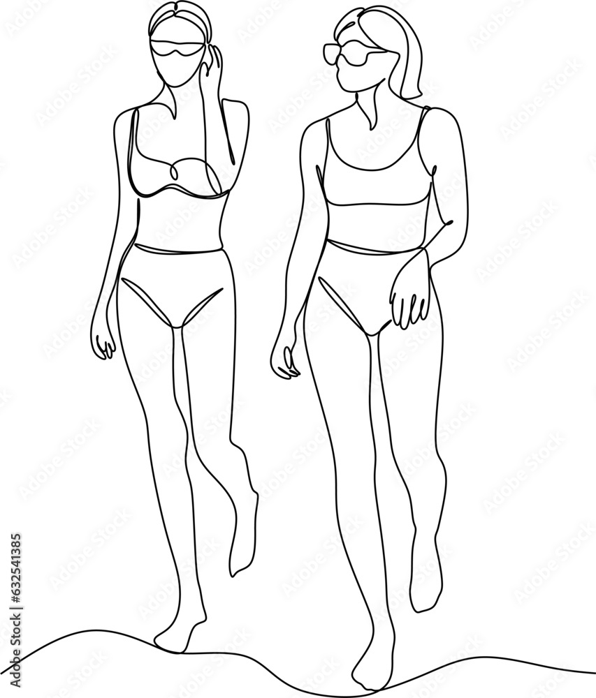 Vector outline black and white illustration of a female body in a swimsuit. One line drawing on a white background. Use it for card design, poster, banner, social media post, fashion print, beauty sal