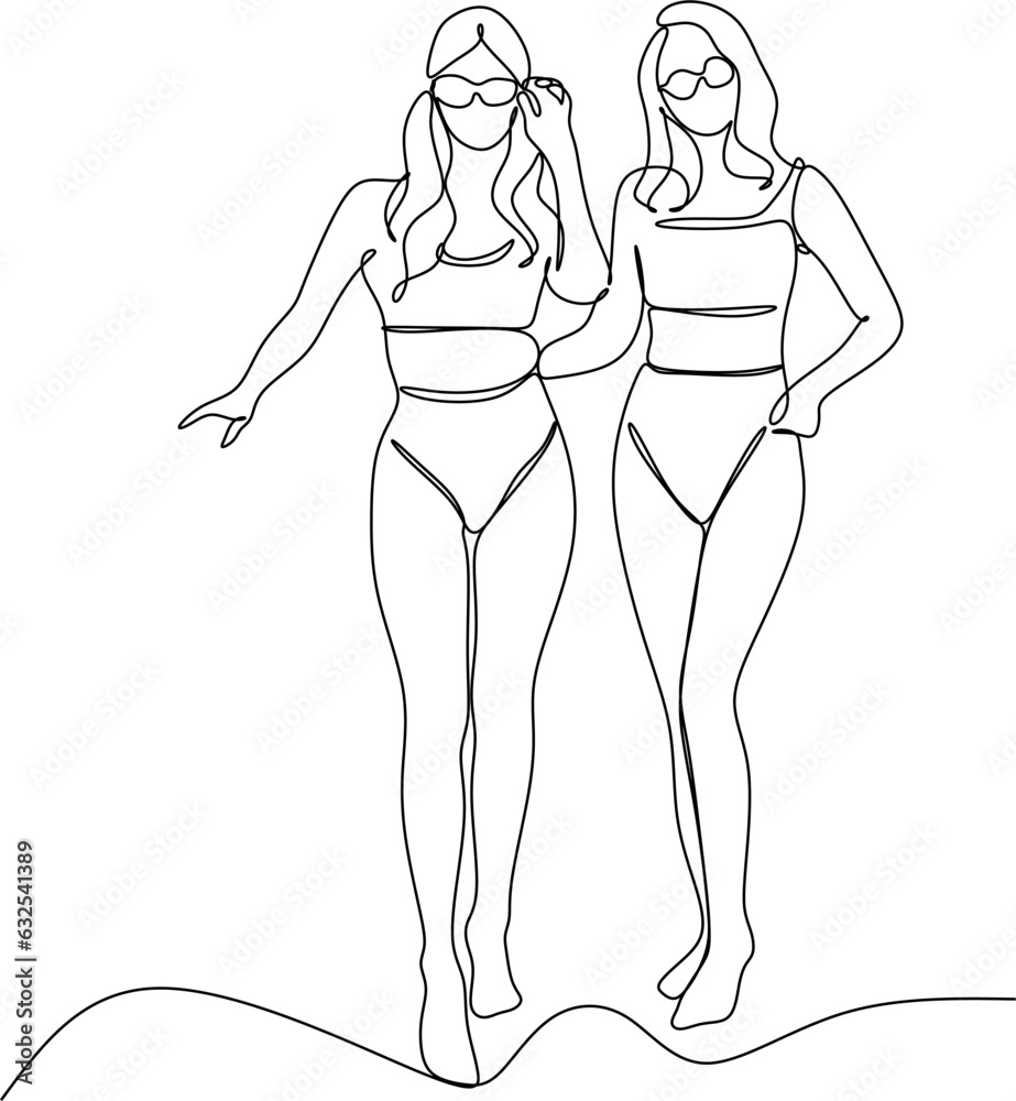 Vector outline black and white illustration of a female body in a swimsuit. One line drawing on a white background. Use it for card design, poster, banner, social media post, fashion print, beauty sal Vector outline black and white illustration of a female body in a swimsuit. One line drawing on a white background. Use it for card design, poster, banner, social media post, fashion print, beauty sal