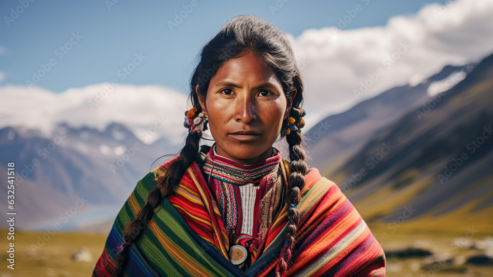 Portrait of a Quechua woman in Peru. Woman wearing bright traditional clothing contrasting with the rugged Andean landscape Portrait of a Quechua woman in Peru. Woman wearing bright traditional clothing contrasting with the rugged Andean landscape