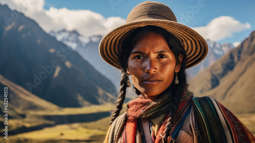 Portrait of a Quechua woman in Peru. Woman wearing bright traditional clothing contrasting with the rugged Andean landscape
