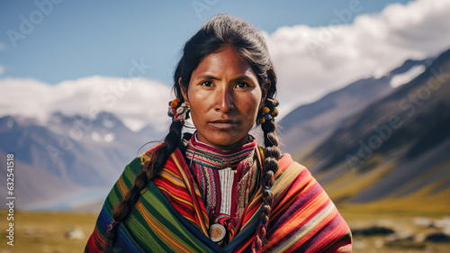 Portrait of a Quechua woman in Peru. Woman wearing bright traditional clothing contrasting with the rugged Andean landscape photo
