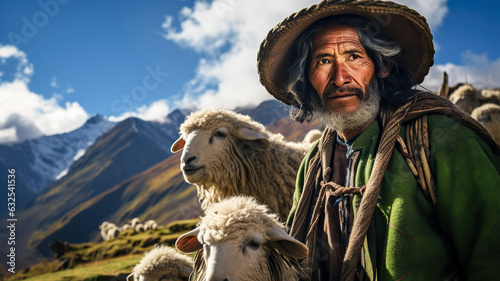 Portrait of a Quechua shepherd in the Peruvian Andes. Old man wearing traditional poncho and hat contrasting with the green highland pastures photo