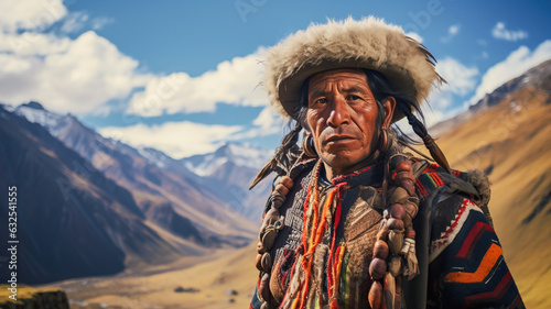Portrait of a Quechua shepherd in the Peruvian Andes. Old man wearing traditional poncho and hat contrasting with the green highland pastures
