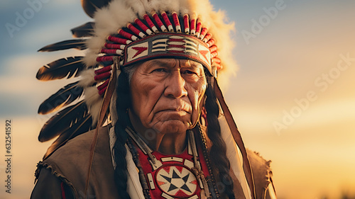 Fotografie, Obraz Old native american indian - indian headdress tribal chief feather hat with feathers
