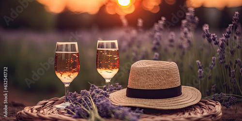 Two glasses with white wine and bottle on background of a lavender field. flowers lavender on a blanket on picnic. Romantic evening in sunset rays photo