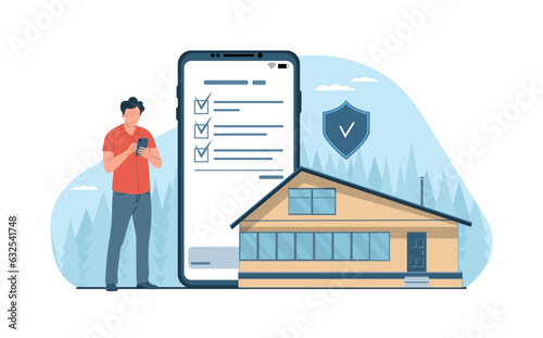 Real estate insurance concept. A young man draws up an insurance policy for a house online on a smartphone. Vector illustration.