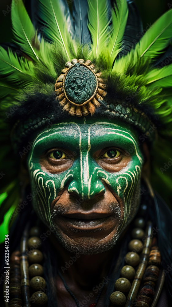 Portrait of a Huli tribesman from Papua New Guinea. Mans face painted and feathered headdress vibrant against the lush jungle backdrop