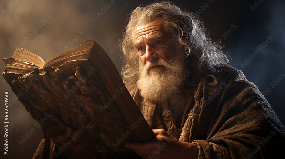 A portrait of Moses holding the Ten Commandments with reverence ...