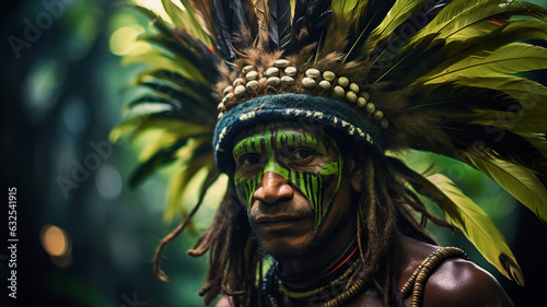 Portrait of a Huli tribesman from Papua New Guinea. Mans face painted and feathered headdress vibrant against the lush jungle backdrop