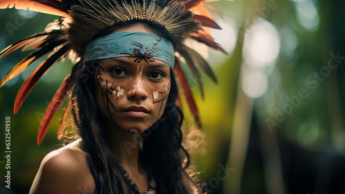 Portrait of a Huli tribeswoman from Papua New Guinea. Womans face painted and feathered headdress vibrant against the lush jungle backdrop photo