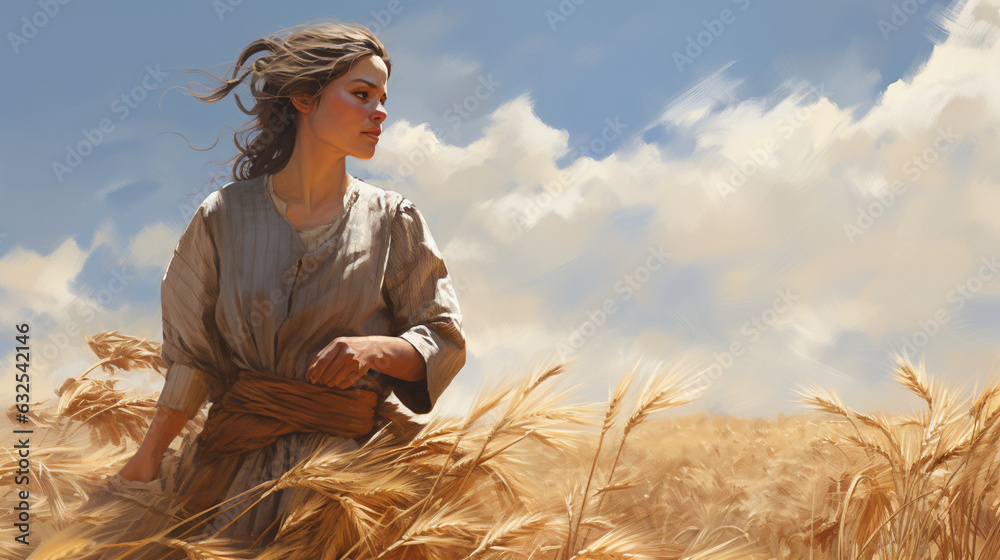 A depiction of Ruth gleaning in the fields with a backdrop of golden wheat Generative AI