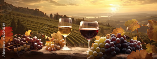 Wine glasses, wine bottles, vineyard landscape and grapes in nature sunny background © Татьяна Прокопчук