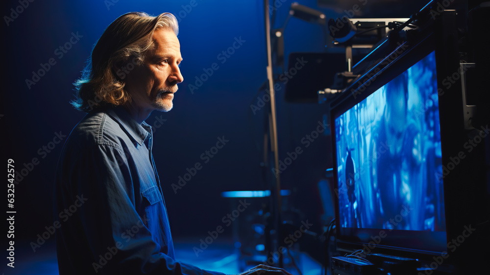 Portrait of a film director at studio. Movie director at work on filming a movie, commercial or TV series