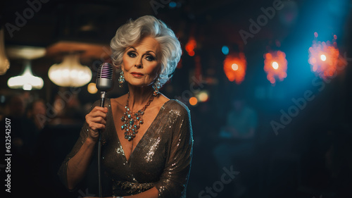Portrait of older jazz woman singer, wearing a dazzling sequin dress. Retro microphone and smoky jazz club in the background.
