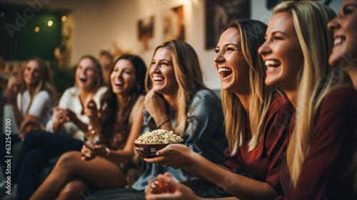 A group of adult female friends are watching a football match on a sofa in a living room.