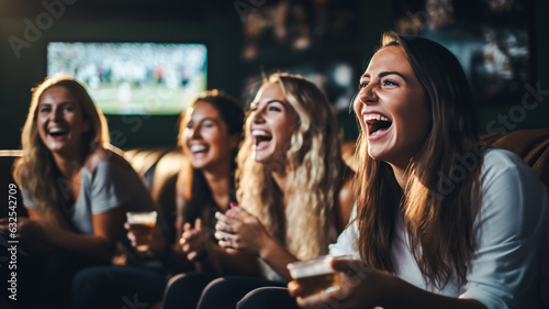 A group of adult female friends are watching a football match on a sofa in a living room. © Tamara