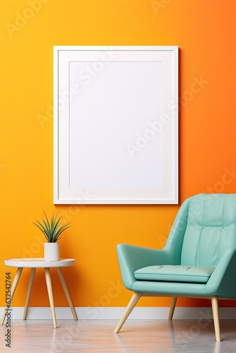 blank picture frame on bright yellow color wall ,  wall frame mockup idea, Generative Ai © QuietWord