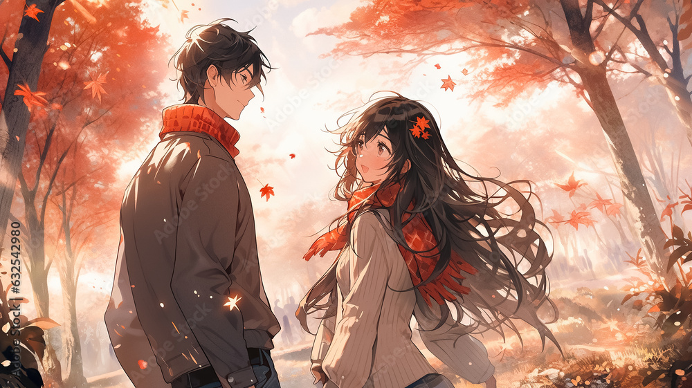 Fototapeta premium Romantic couple in autumn park. Happy anime boy and girl walking in autumn woods. Romantic drawn anime style