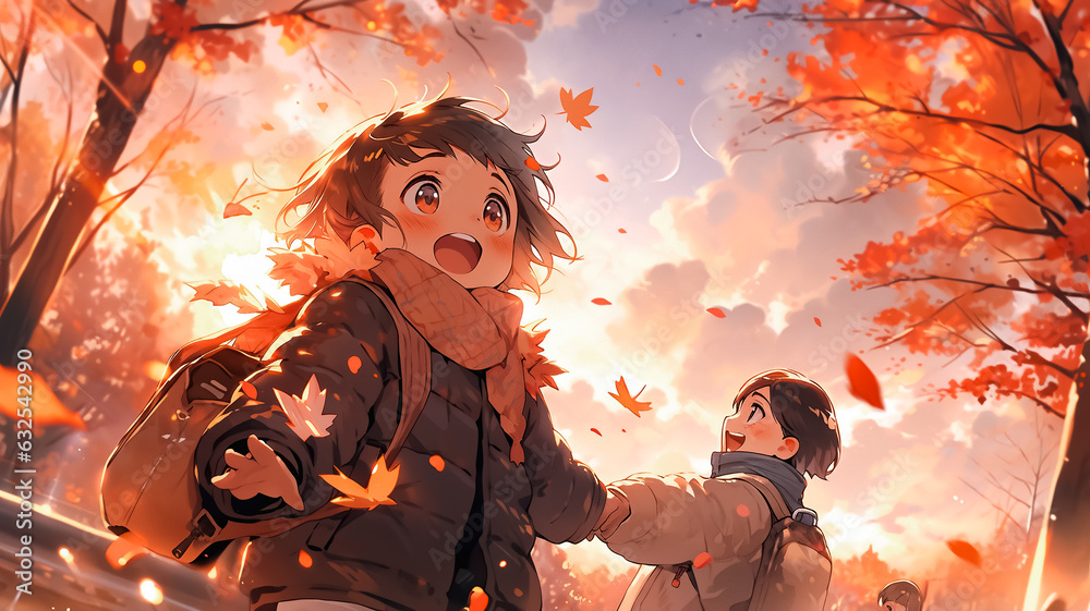 Romantic couple in autumn park. Happy anime boy and girl walking in autumn woods. Romantic drawn anime style