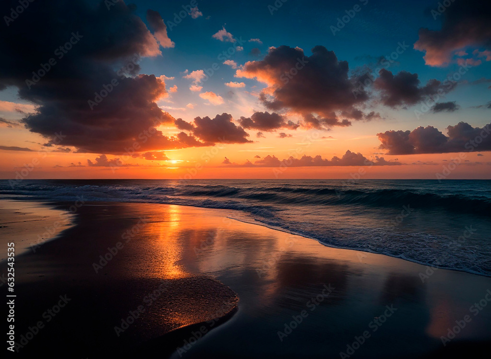 Tropical ocean beach and beautiful color sunrise over caribbean sea shore, Dominican Republic