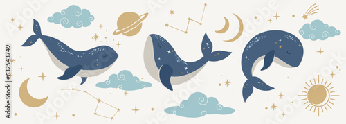 Background with whales with stars, sun, moon, planets and clouds. Abstract hand drawn banner for wallpaper nursery design, decor, print, interior design © Iryna