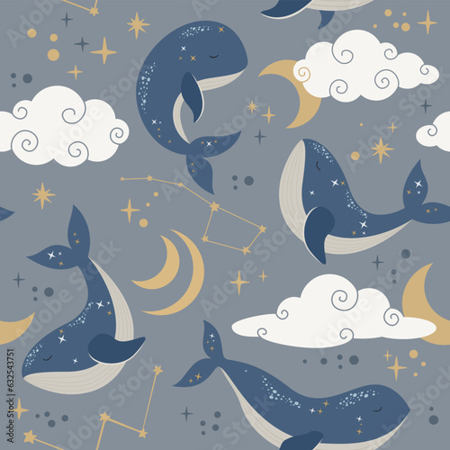 Semless pattent with cute flying whale in the sky, between clouds, zodiac sta...