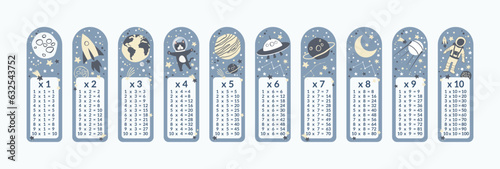 Vector set of bookmarks for children with space theme and multiplication table. Cute planets, astronaut, spaceship, rocket, cat, moon. Vertical layout card templates