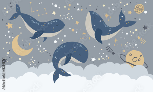 Children graphic illustration for nursery, wall, book cover, textile, cards. Interior design for kids room. Vector illustration with space theme and flying whale  © Iryna