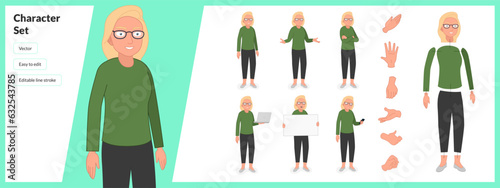 Illustration of young woman, wearing casual clothing and glasses in a set of multiple poses. Easy to edit with editable line strokes and isolated on white background. Suitable for animation.
