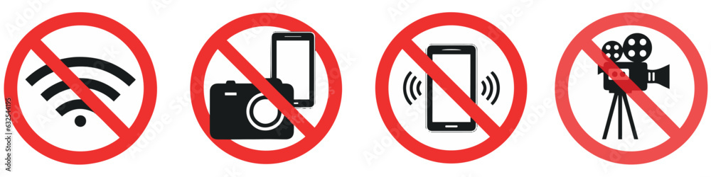No photography and No video recording icon vector set in black and red color. photograph and rec not allowed. No photography and No video recording icon vector set in black and red color. photograph and rec not allowed.
