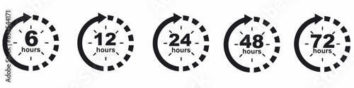 6, 12, 24, 48, 72 hours clock arrow. symbol work time, delivery and service time, isolated on white , vector icon Illustration. Vector Graphic. EPS 10