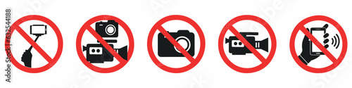 No photography and No video recording icon vector set in black and red color. photograph and rec not allowed.