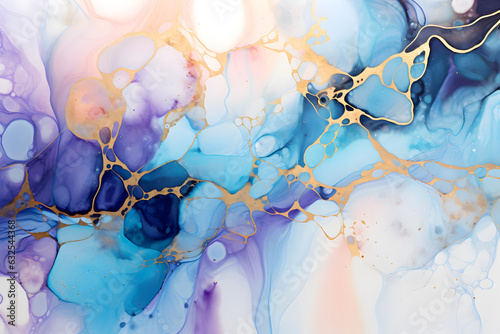 Abstract alcohol ink background. Fluid liquid art. Acrylic painting. Gold glitter splashes, blurs, stains, weaves. Modern horizontal banner. Marble holographic surface. 