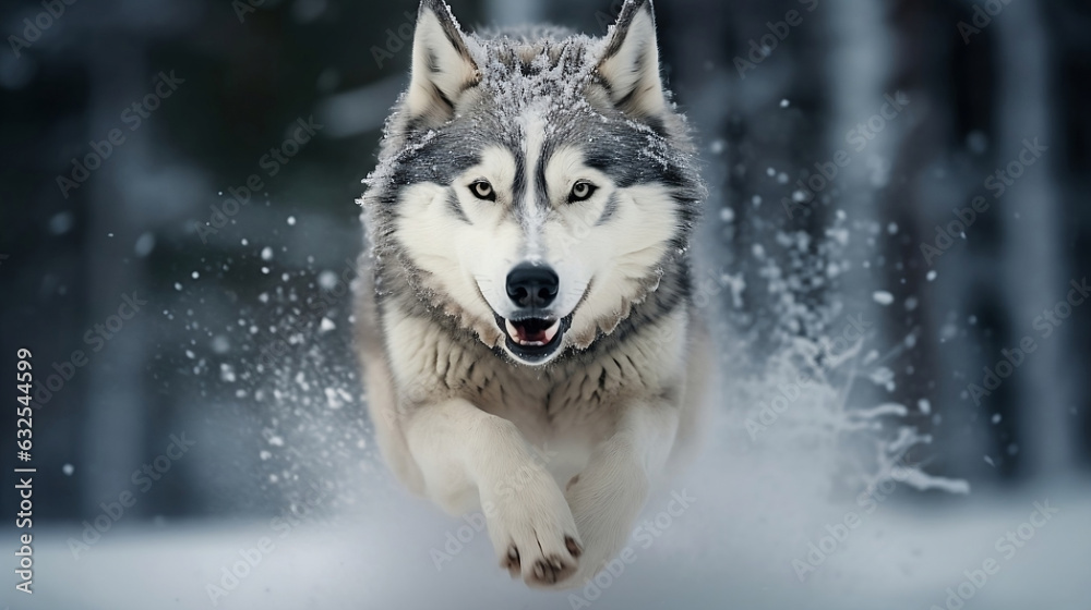 A Siberian Husky dashes through the snow with energy and excitement, symbolizing speed, wilderness, and the natural beauty of winter. Ideal for themes of outdoor adventure, nature, and dog lovers. A Siberian Husky dashes through the snow with energy and excitement, symbolizing speed, wilderness, and the natural beauty of winter. Ideal for themes of outdoor adventure, nature, and dog lovers.